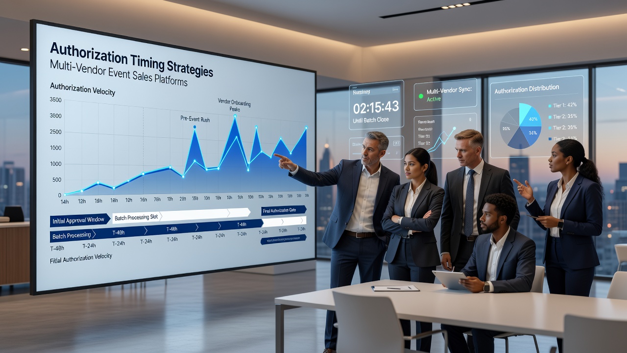 Multi-vendor event sales platform dashboard showing authorization timing controls across ticket vendors and payment processors