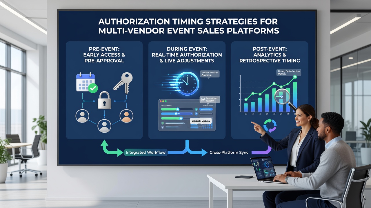 Flow diagram illustrating staggered authorization timing across multiple event vendors and connected payment processors