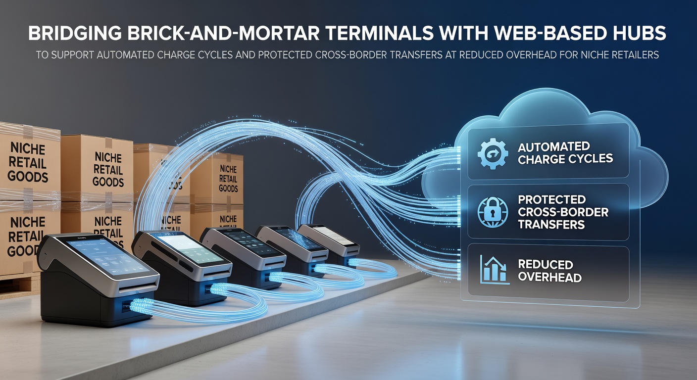 Integrated payment terminal connected to cloud-based hub showing automated billing cycles and cross-border transaction flow for specialty retailers