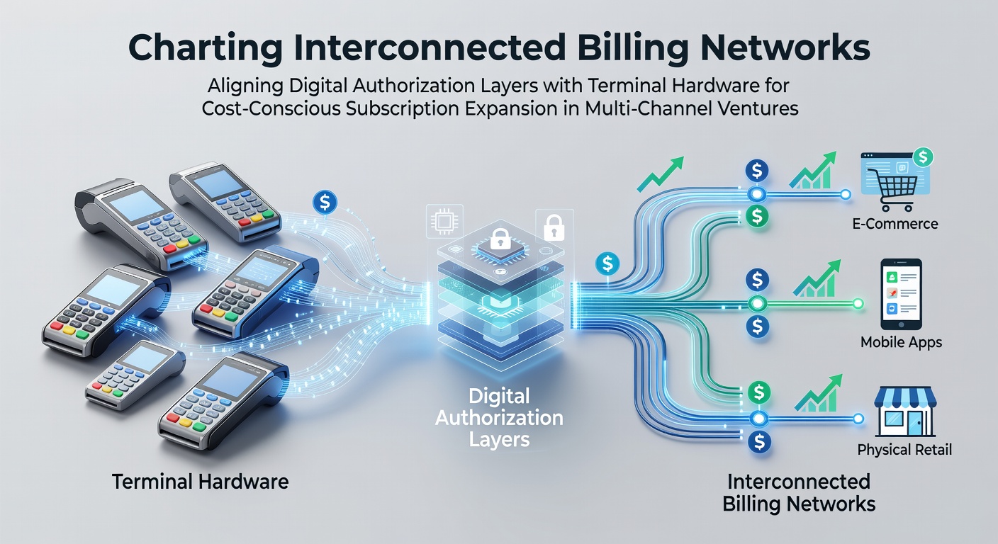 Diagram showing interconnected billing networks linking digital authorization layers to terminal hardware across multiple sales channels