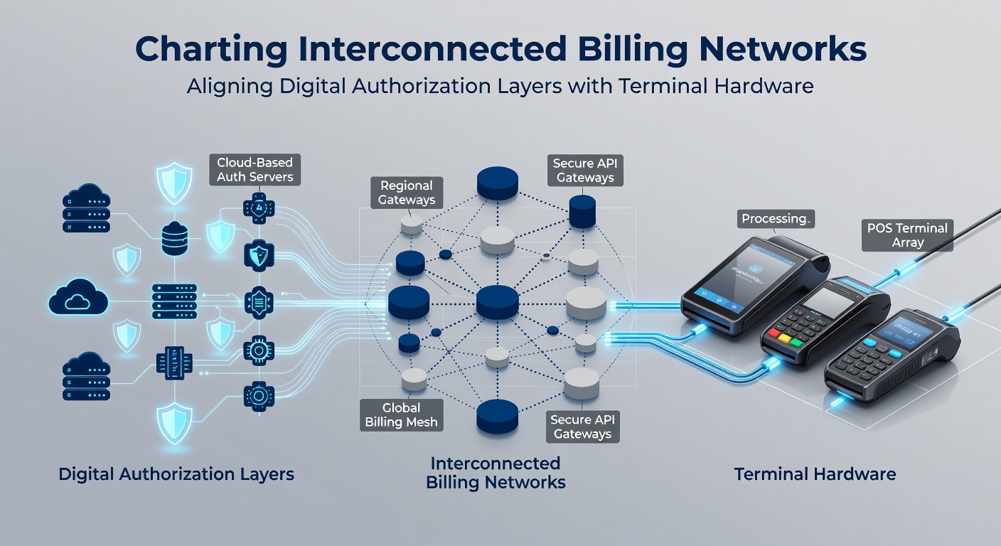 Illustration of payment terminals connected to digital authorization systems in a multi-channel retail environment