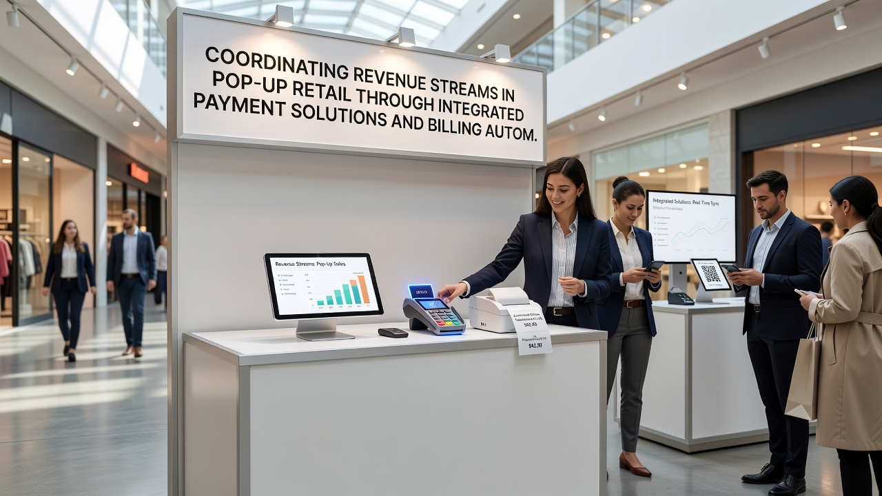 Dashboard view showing synchronized billing automation across pop-up retail revenue streams and payment channels