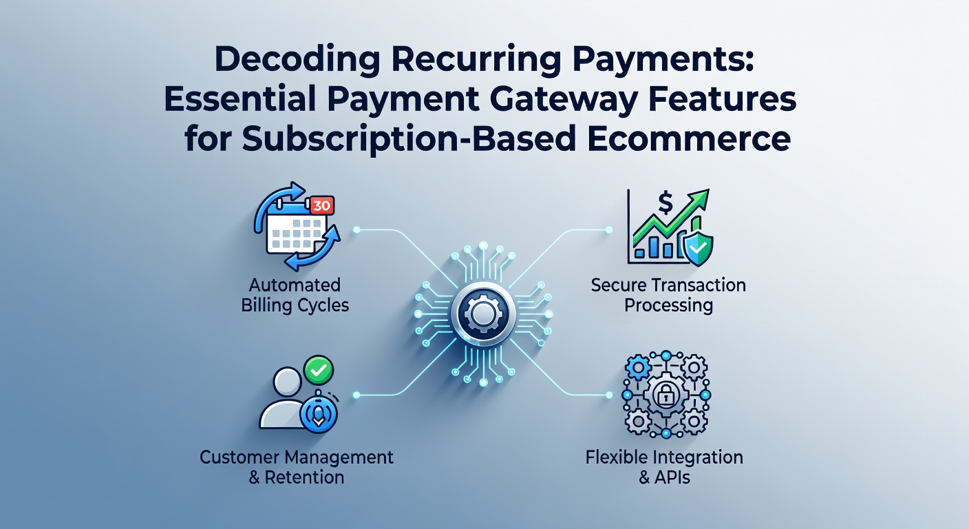 Illustration of a seamless recurring payment cycle in subscription ecommerce, showing credit cards, calendars, and digital locks for security