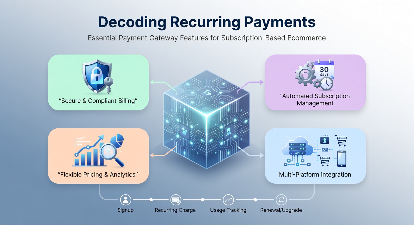 Dashboard view of a payment gateway interface displaying recurring billing schedules, dunning retries, and analytics charts for subscription metrics
