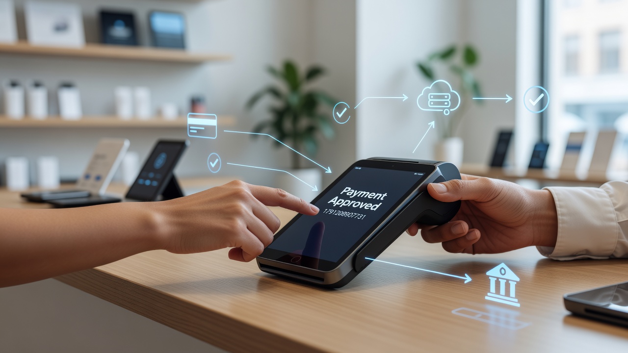 Illustration of synchronized payment flows between point-of-sale devices and online gateways