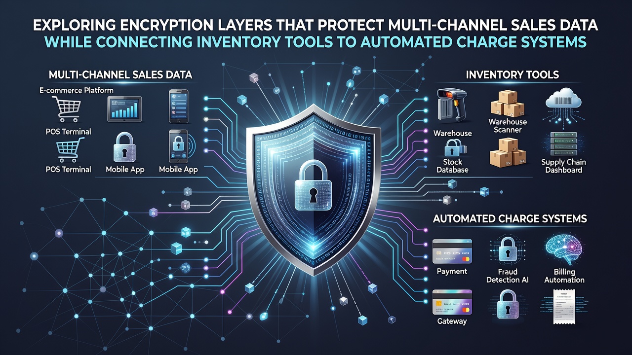 Encryption layers securing data flows between sales channels, inventory systems, and automated charging platforms