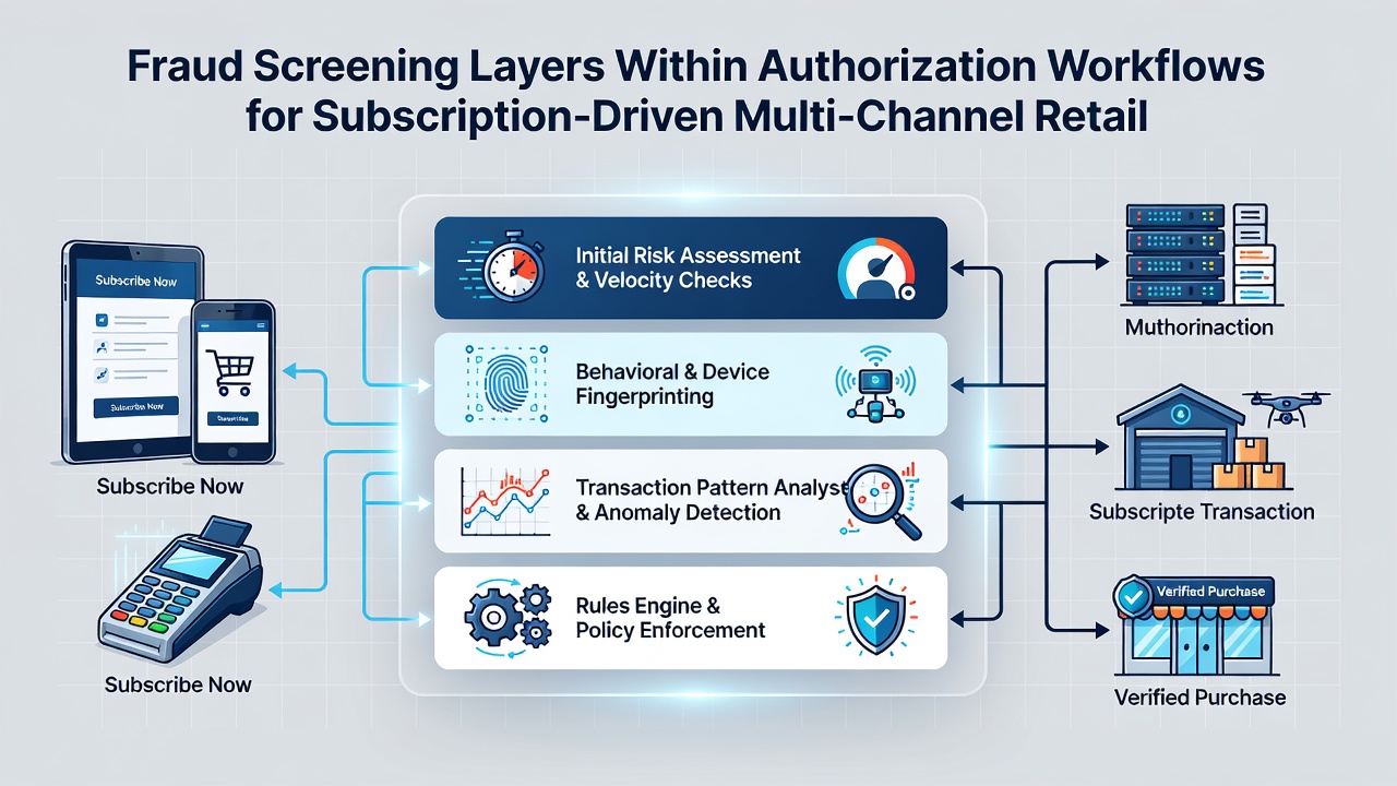 Flowchart illustrating real-time fraud scoring connected to POS terminals and online subscription billing systems