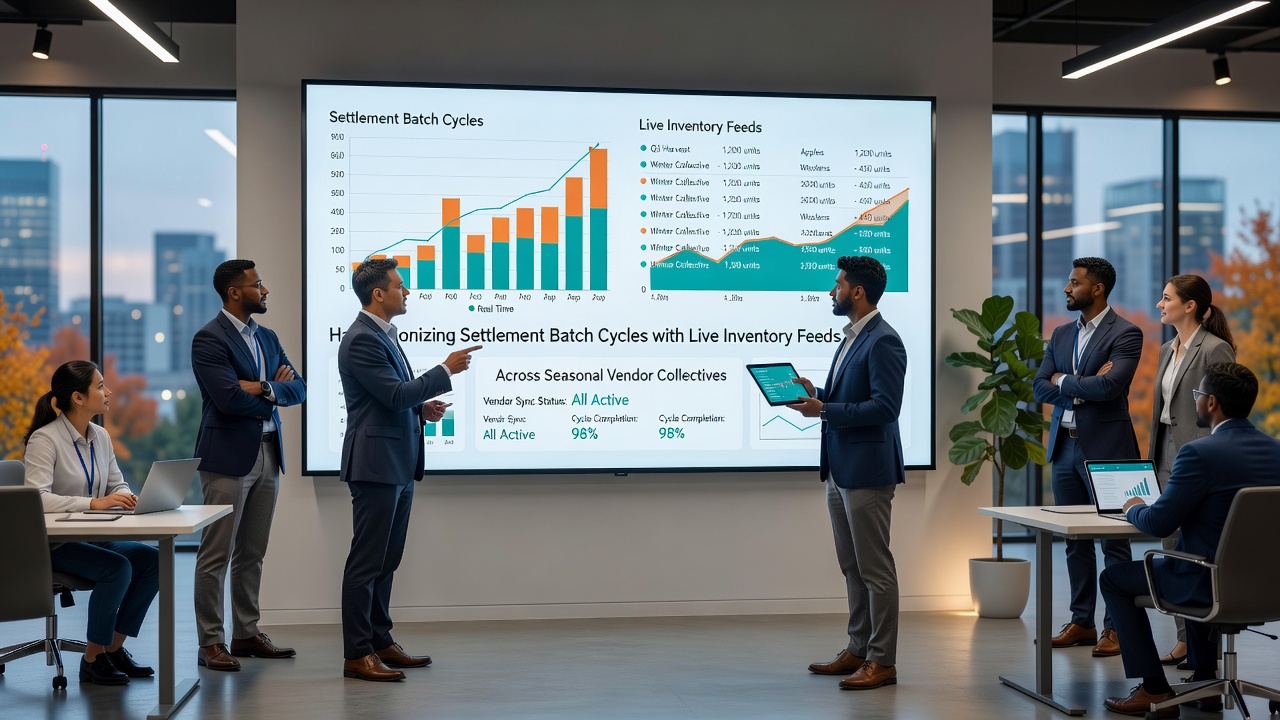 Vendor team reviewing synchronized batch reports and live inventory dashboards during a seasonal market event
