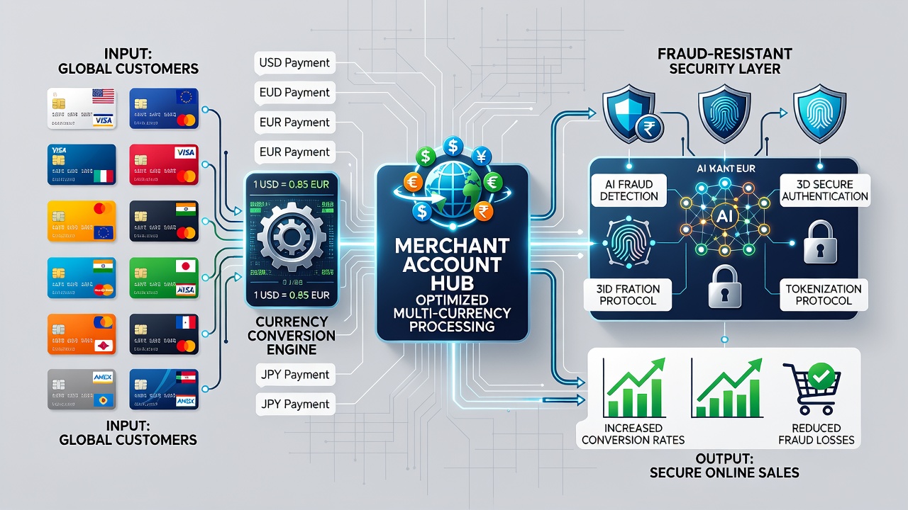 Secure multi-currency transaction flow showing encrypted authorization paths between merchant accounts and global card networks