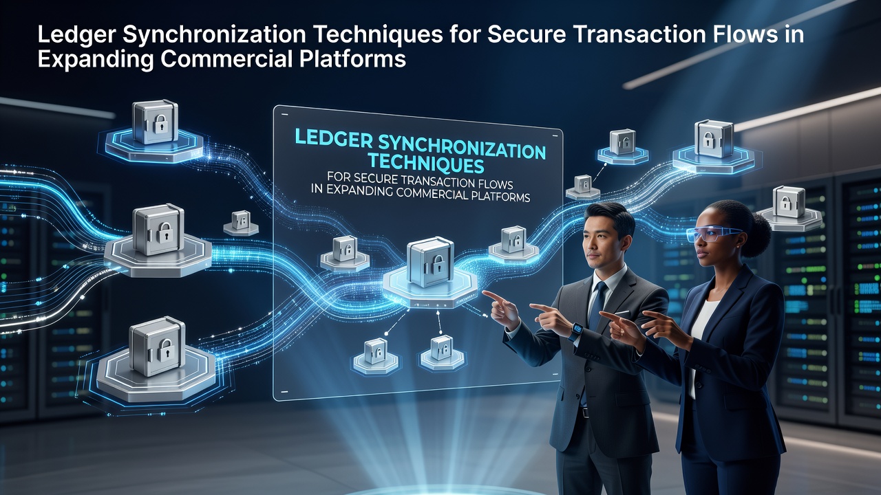 Diagram illustrating ledger synchronization across multiple commercial platforms with secure transaction pathways