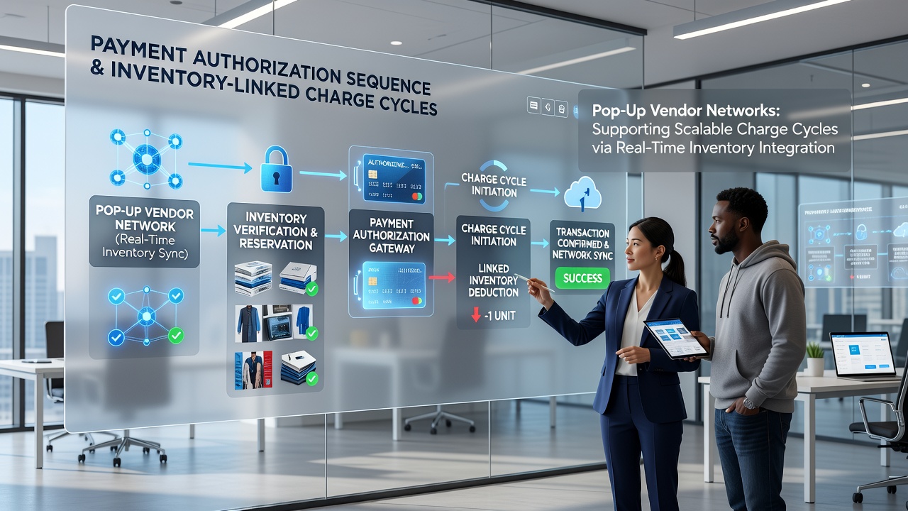 Illustration of secure cross-platform connections between vendor terminals and inventory systems during event sales