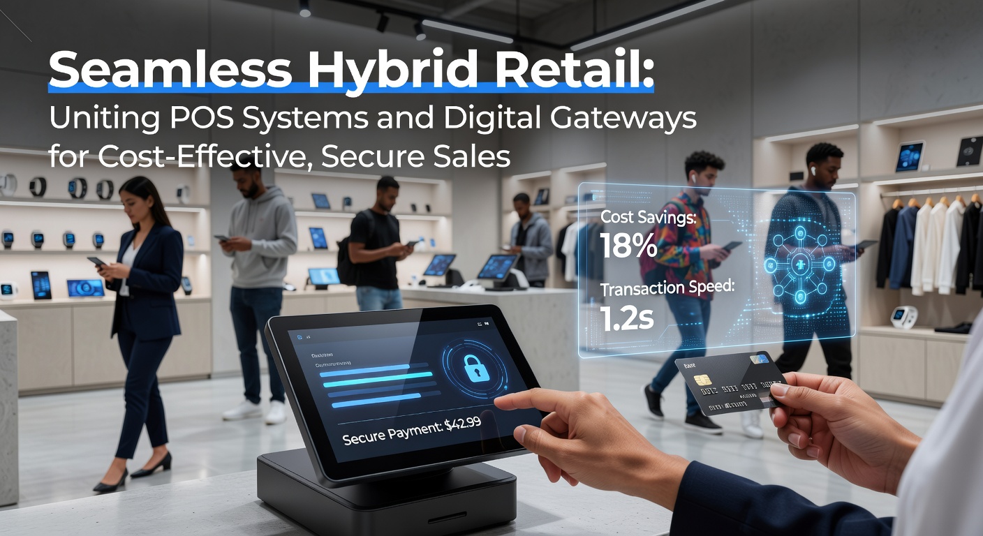 Modern retail store with integrated POS terminal and digital payment screens displaying seamless transactions between in-store and online sales