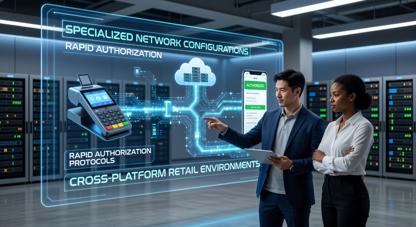 Network diagram showing specialized configurations for rapid payment authorization across retail platforms