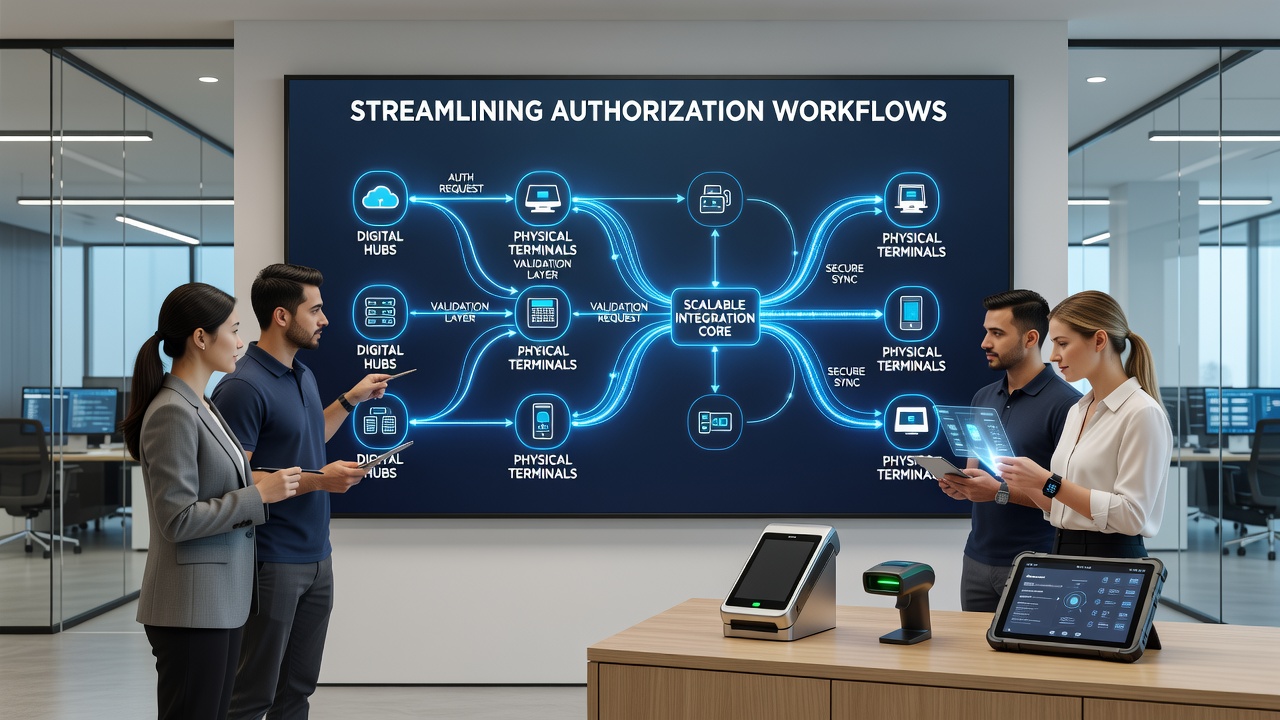 Authorization workflow diagram showing digital and physical terminal integration