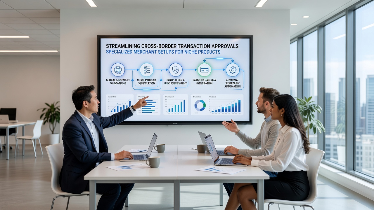 Cross-border transaction dashboard showing approval metrics for niche product categories