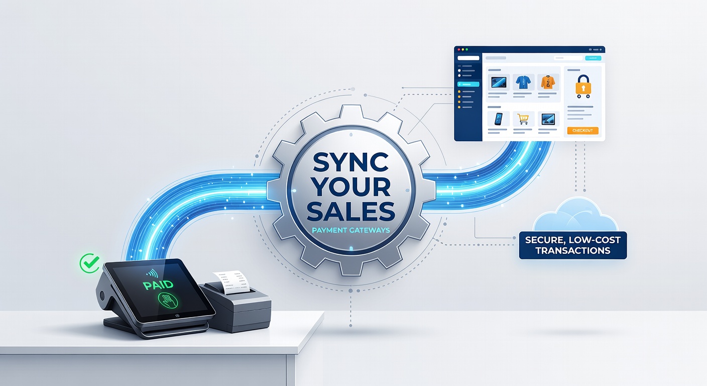 Digital illustration showing a payment gateway connecting a physical POS terminal in a retail store to an online ecommerce platform, with secure data streams and lock icons emphasizing safety.