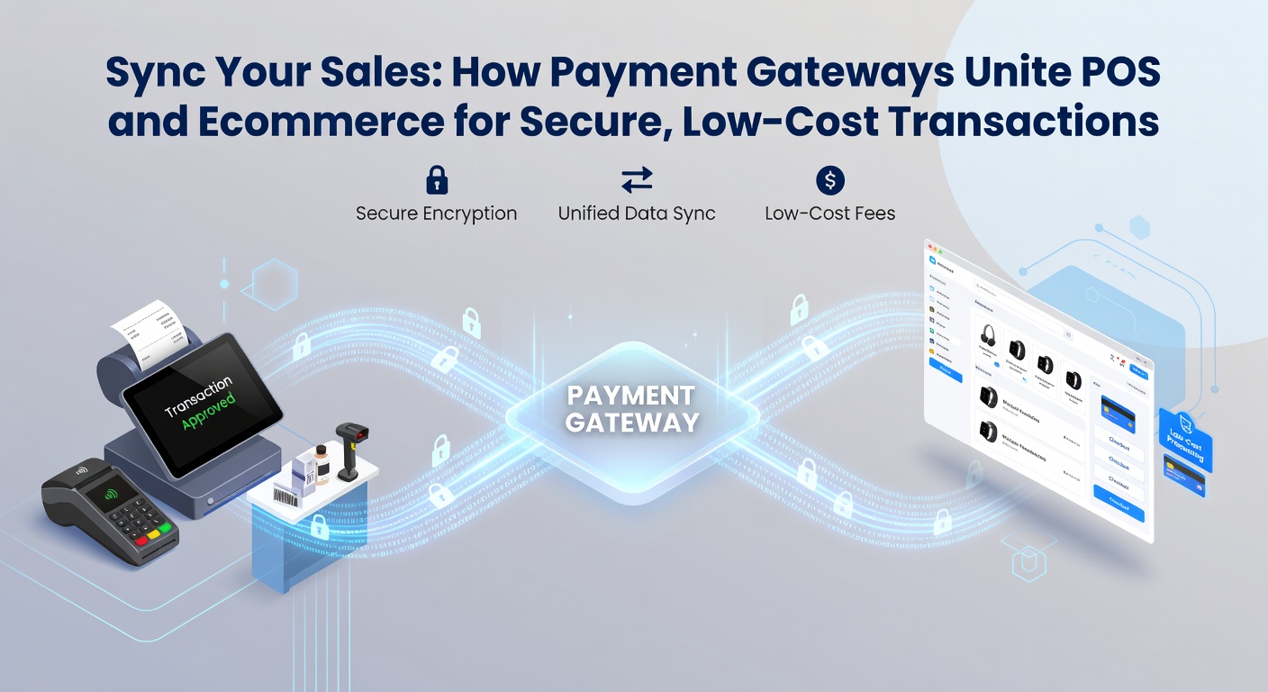 Close-up graphic of a secure payment gateway dashboard displaying real-time transaction monitoring, fraud alerts, and encryption icons linking POS and ecommerce interfaces.