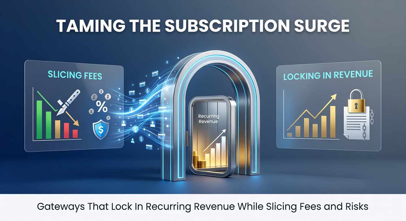 Infographic breaking down payment gateway fee structures for subscriptions, highlighting low-cost tiers, fee reductions, and risk mitigation strategies with pie charts and icons