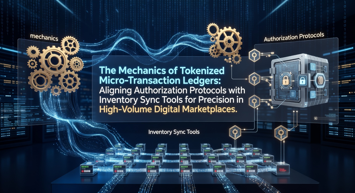 Diagram illustrating tokenized micro-transaction ledger architecture connected to authorization protocols and inventory synchronization systems in digital marketplaces