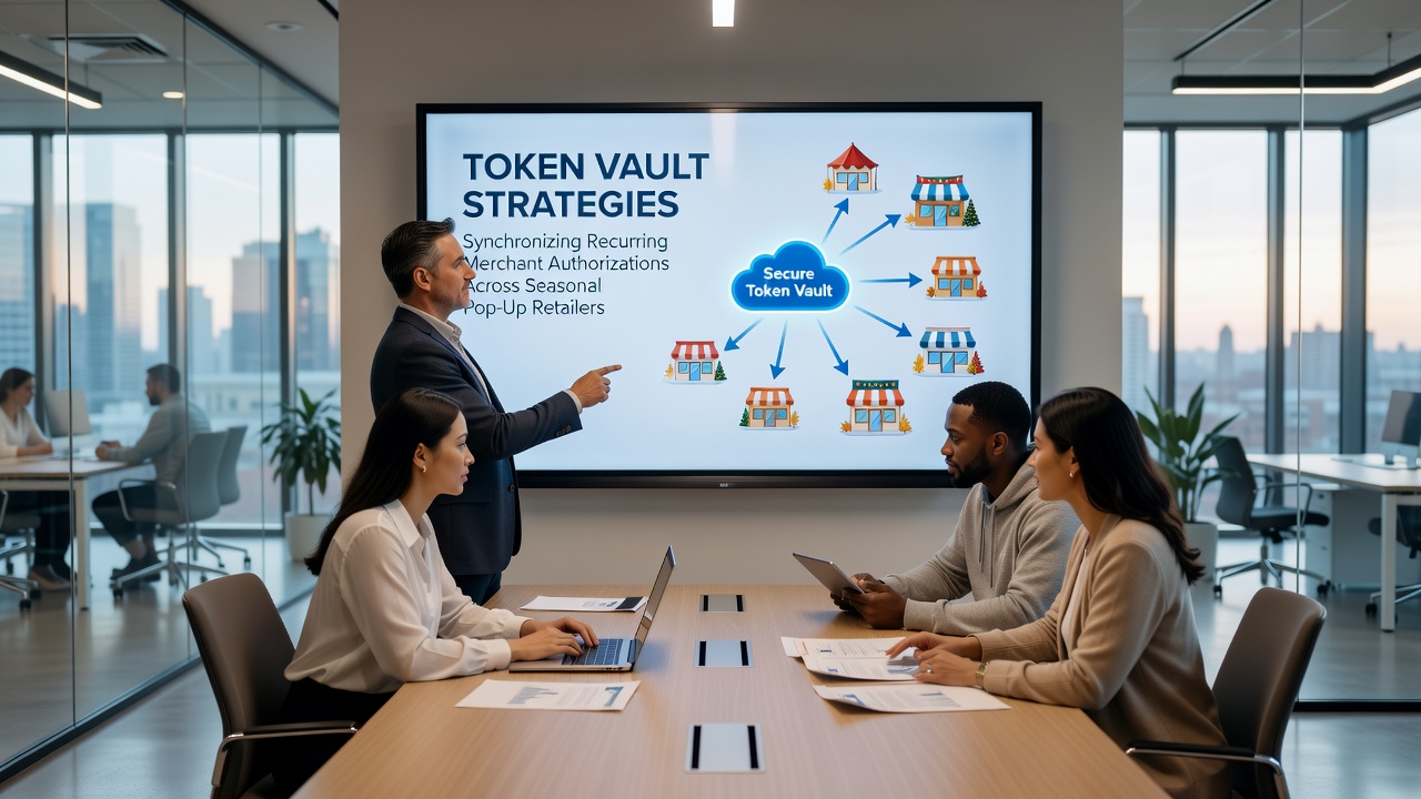 Network diagram illustrating secure token synchronization between pop-up terminals and central vault during seasonal retail events