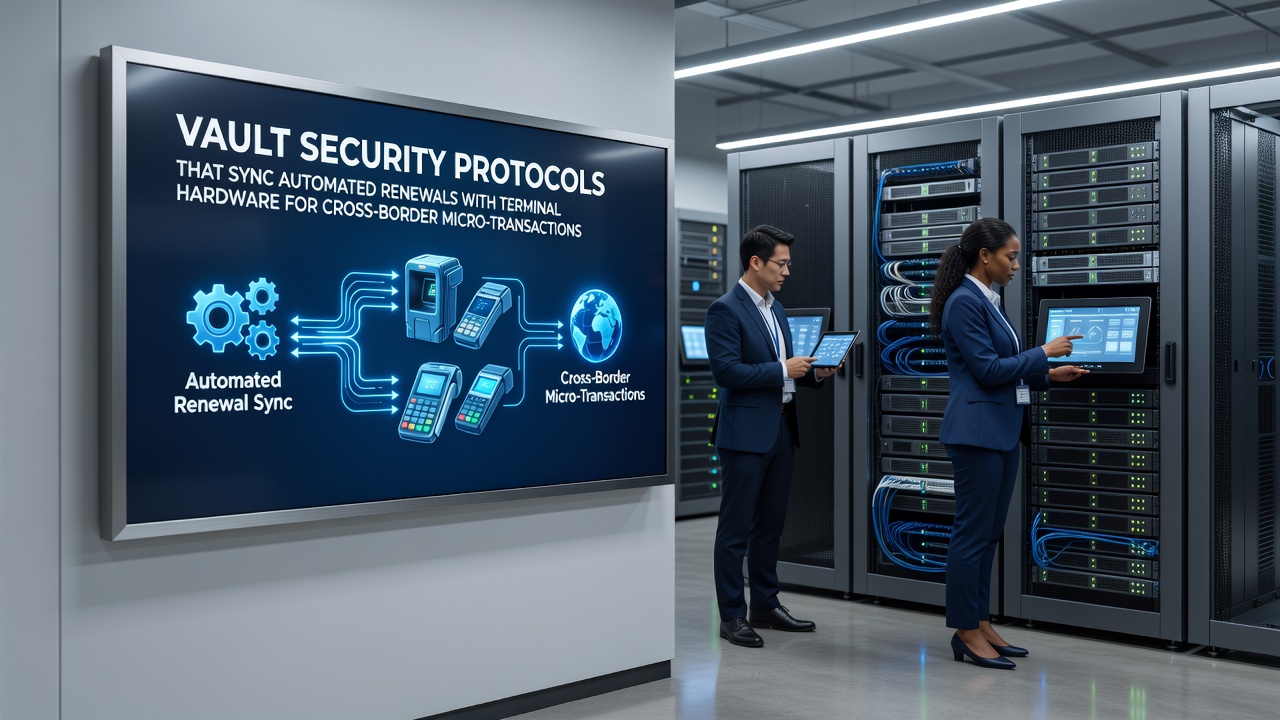 Cross-border payment terminals synchronized with secure vault protocols for vendor billing networks